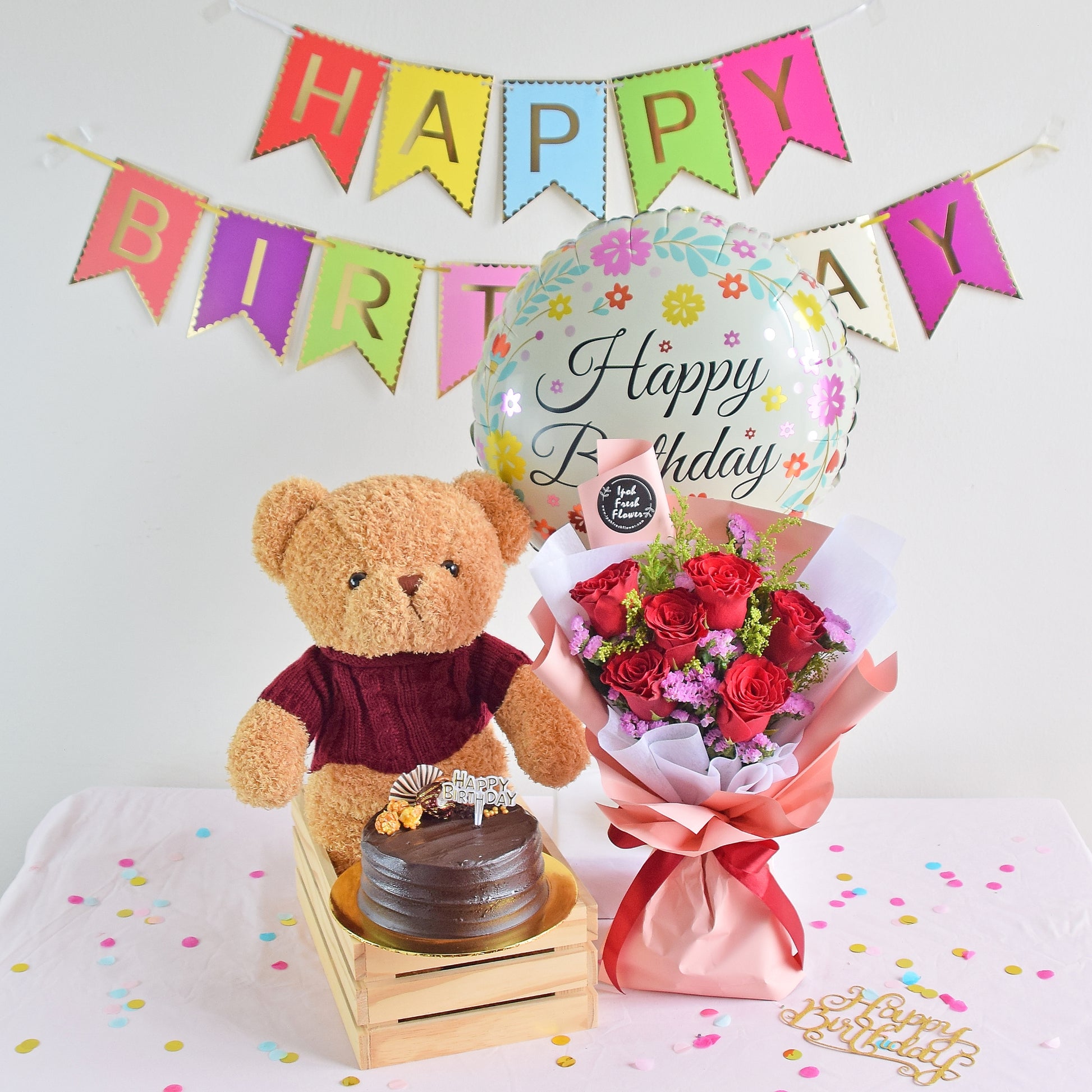 4 in 1 Birthday Bundle| Flowers, Balloons & Cake| Same Day Delivery