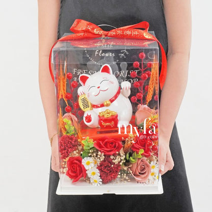 Blooming Success Fortune Lucky Cat| Opening Flower Arrangement| Same Day Delivery