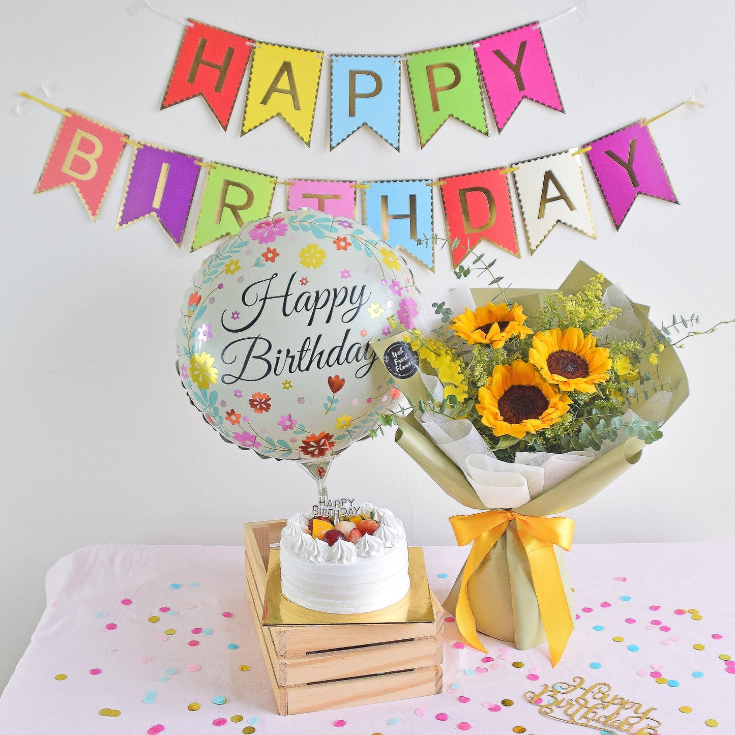 Sunflower Birthday Bundle| Flowers, Balloons & Cake| Same Day Delivery